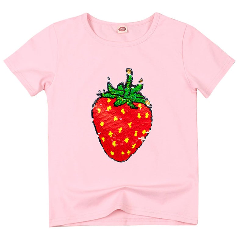 Szytypyl Strawberry Magic Flip Sequin Girls T-Shirts Short Sleeve Crew Shirt Kids Summer Cute Pullover Top - Image 1